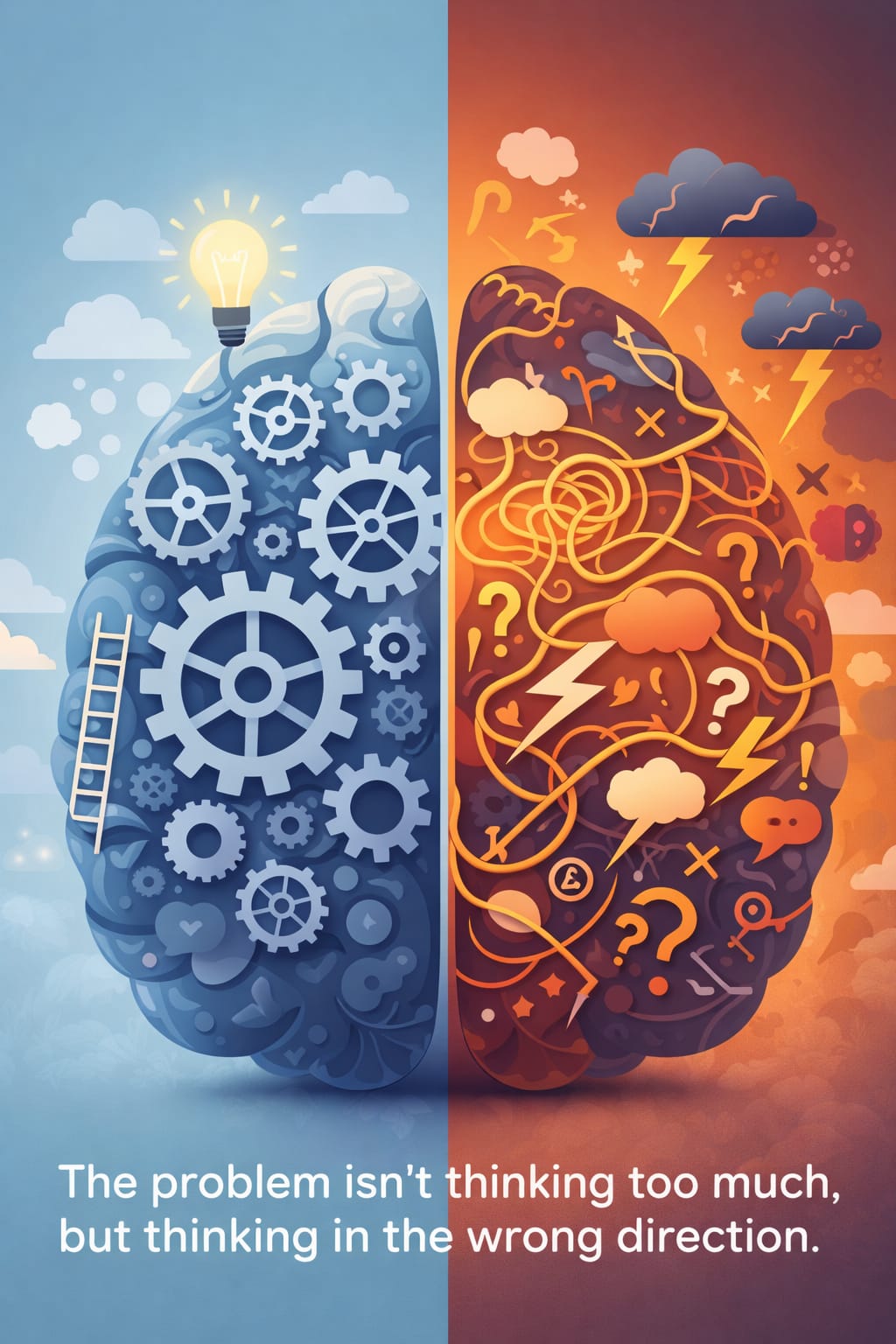 Illustration of two contrasting mindsets showing clear thinking vs overthinking and confusion