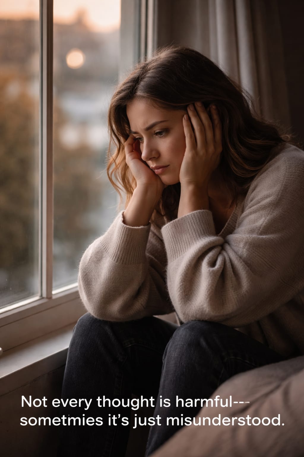 Woman sitting by window feeling stressed and thinking deeply about her career and future