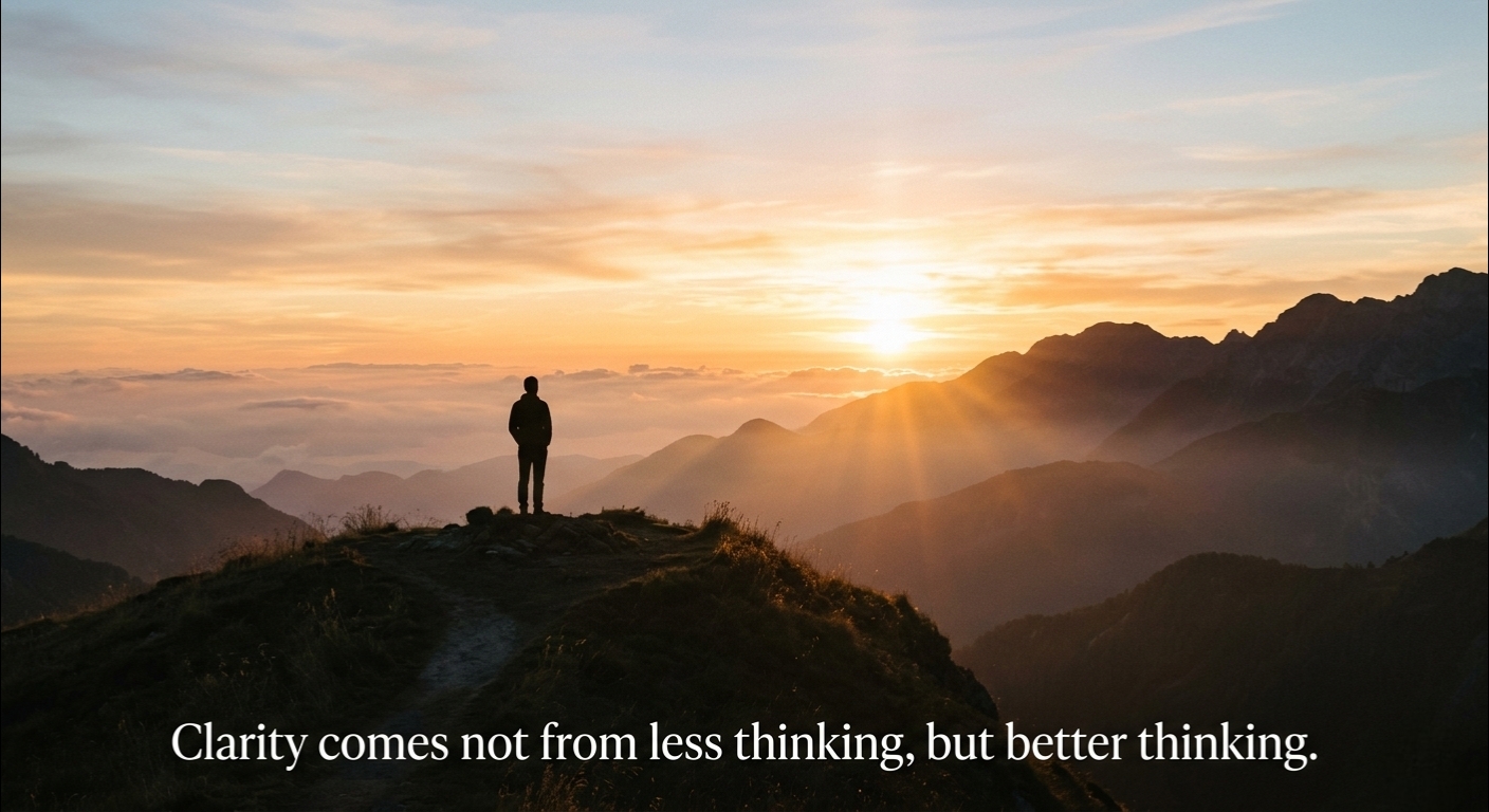 Person standing on a mountain at sunrise symbolizing clarity, focus, and better thinking for success